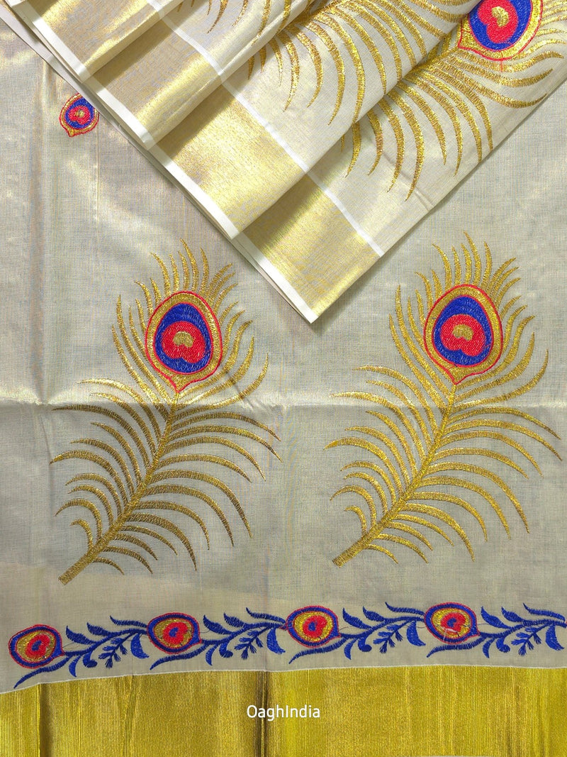 Red Feather : Traditional Onam Saree From Kerala