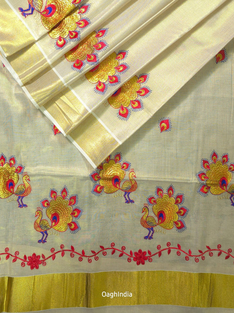 Red Peacock : Traditional Onam Saree From Kerala