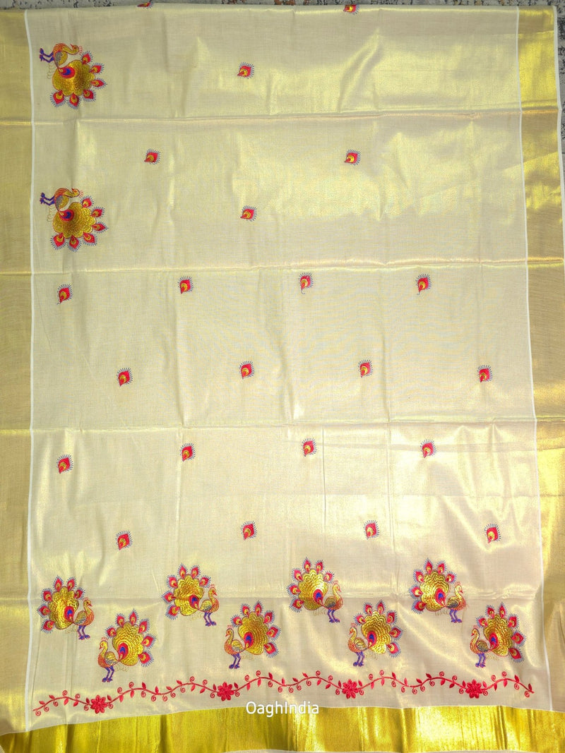 Red Peacock : Traditional Onam Saree From Kerala