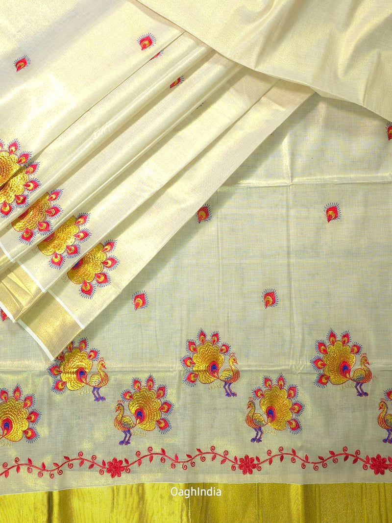 Red Peacock : Traditional Onam Saree From Kerala