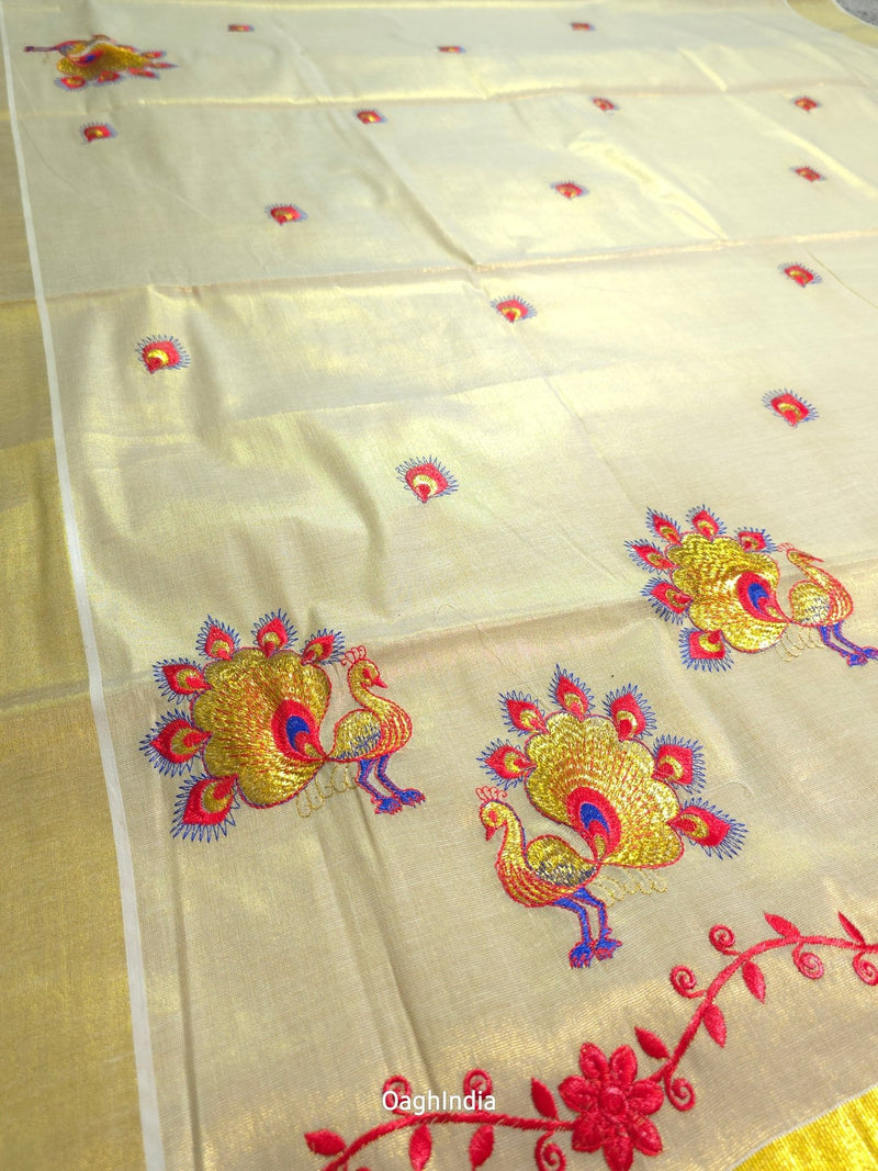 Red Peacock : Traditional Onam Saree From Kerala