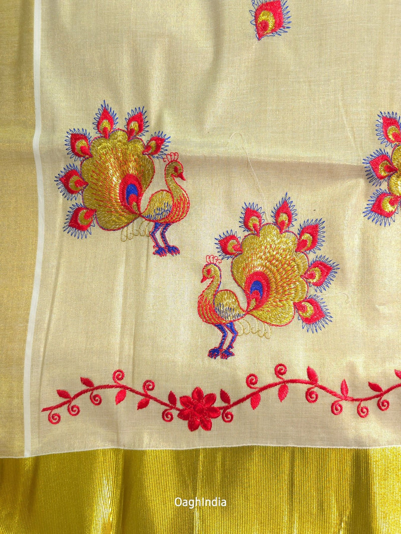 Red Peacock : Traditional Onam Saree From Kerala