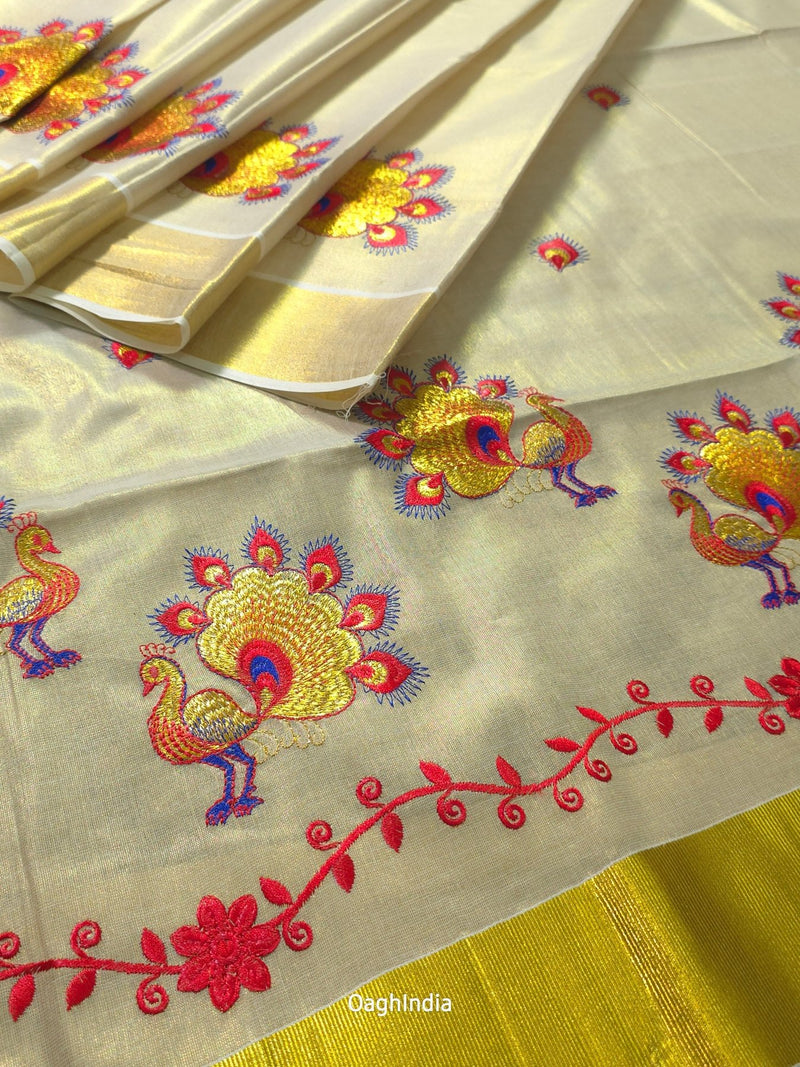 Red Peacock : Traditional Onam Saree From Kerala