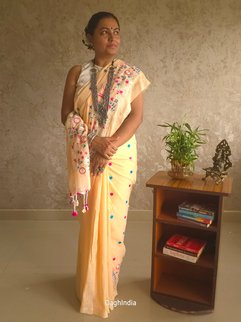 PhoolRani : Soft Khadi Cotton flower embroidery saree (Light Peach)