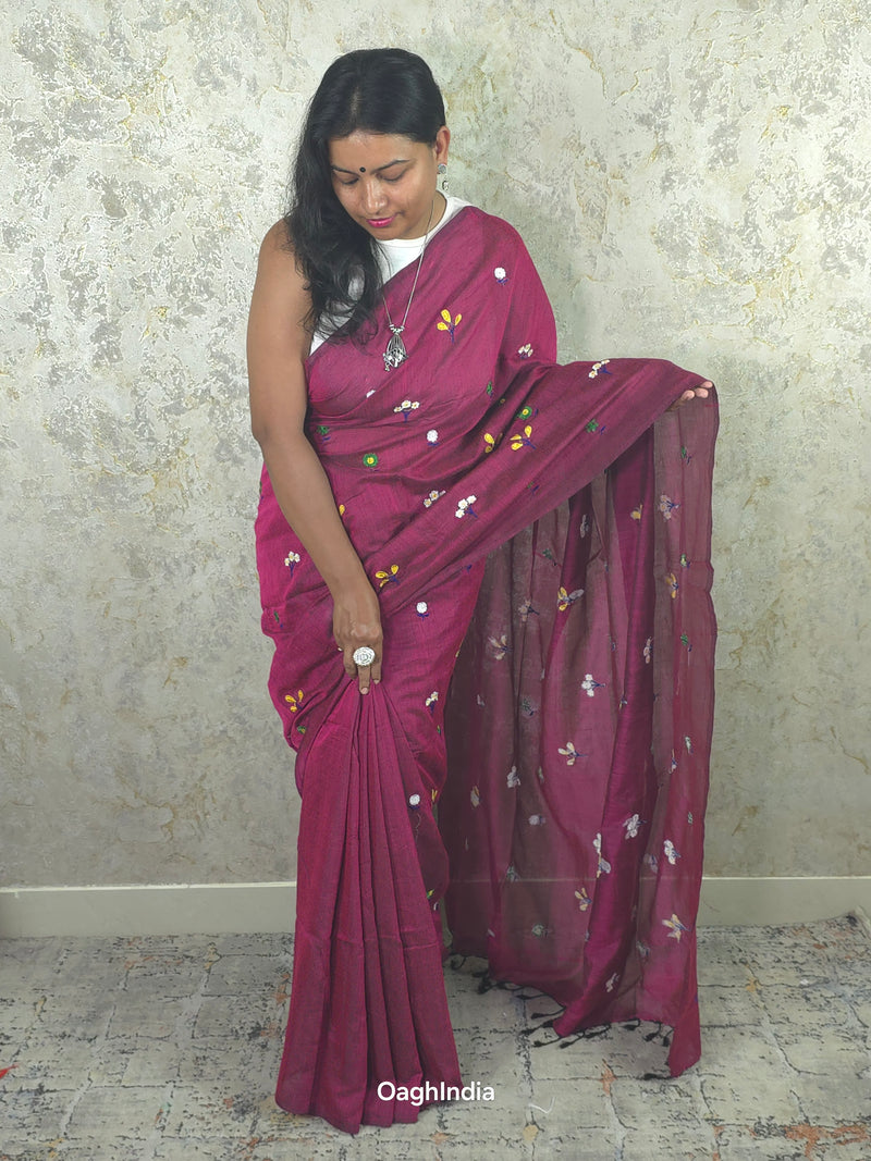 PhoolRani : Soft Khadi Cotton flower embroidery saree (Mulberry Magenta)