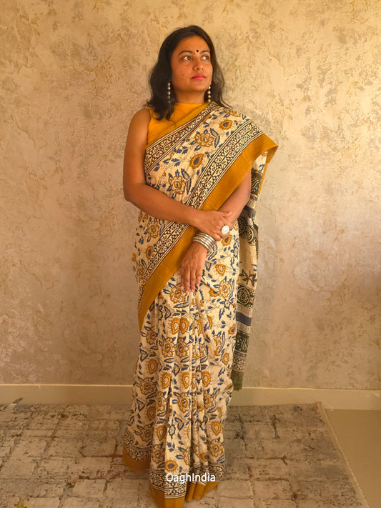 Bosslady - Handblock Sanganeri Print Mul Cotton Saree (Beige, Yellow,  Blue)