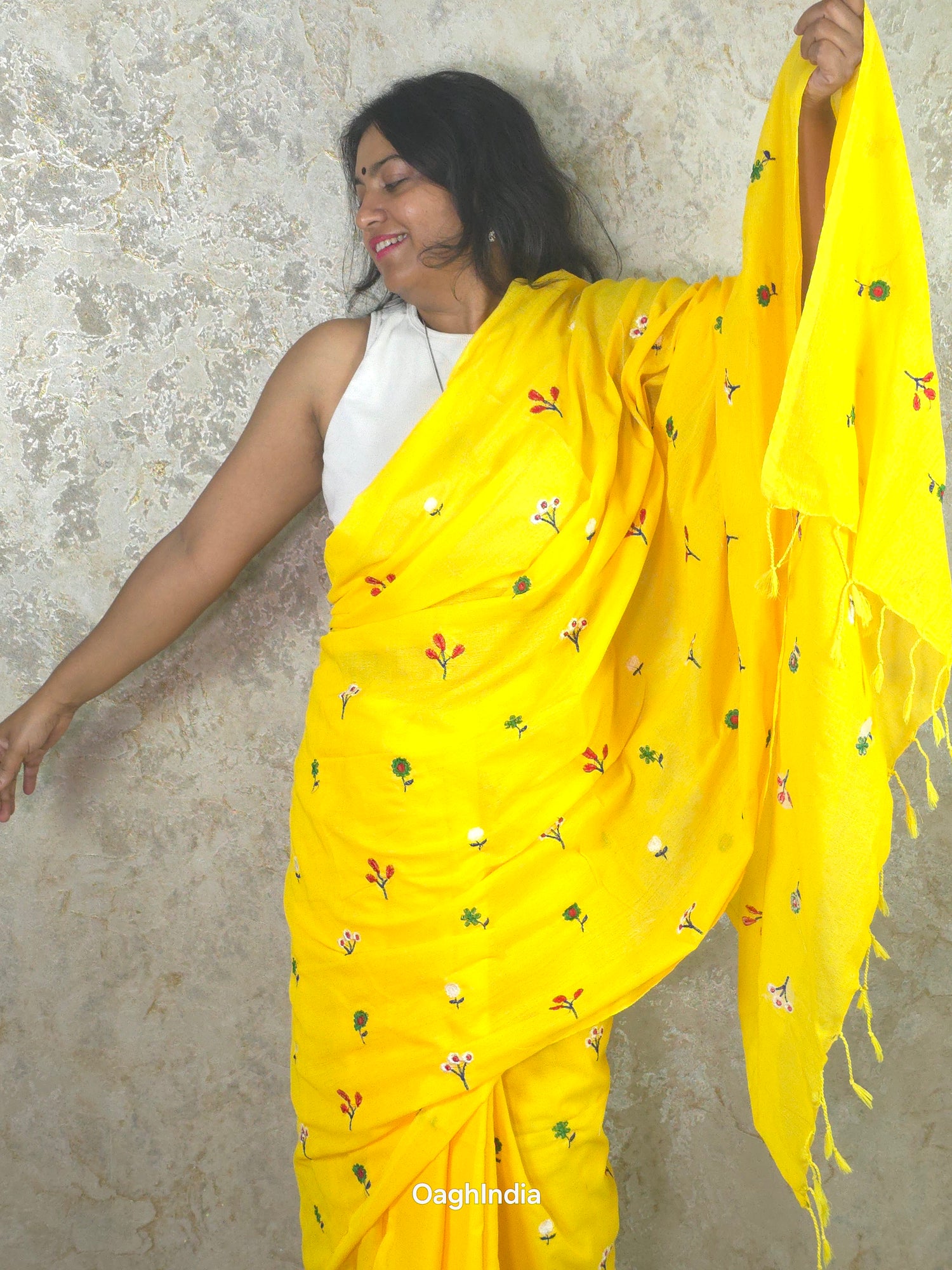 PhoolRani : Soft Khadi Cotton flower embroidery saree (Sunflower Yellow)