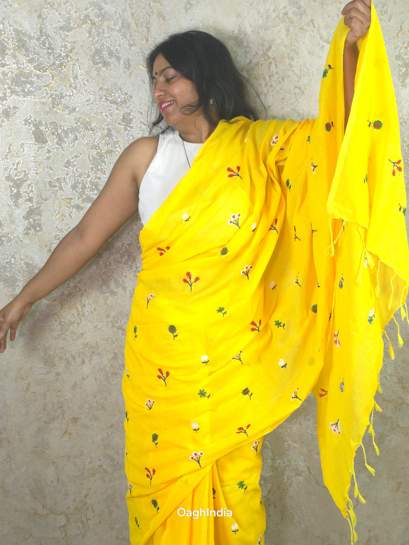 PhoolRani : Soft Khadi Cotton flower embroidery saree (Sunflower Yellow)