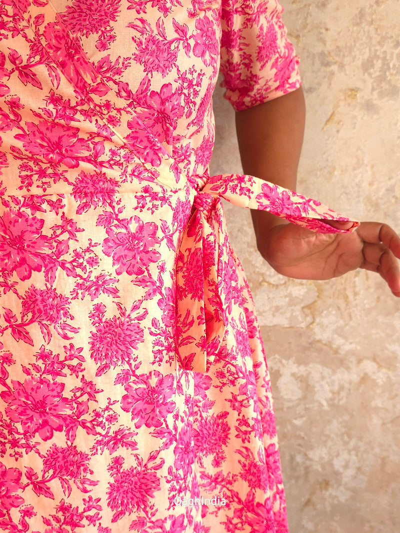 Saanvi Bloom : Floral Wrap Dress(Pink, White)