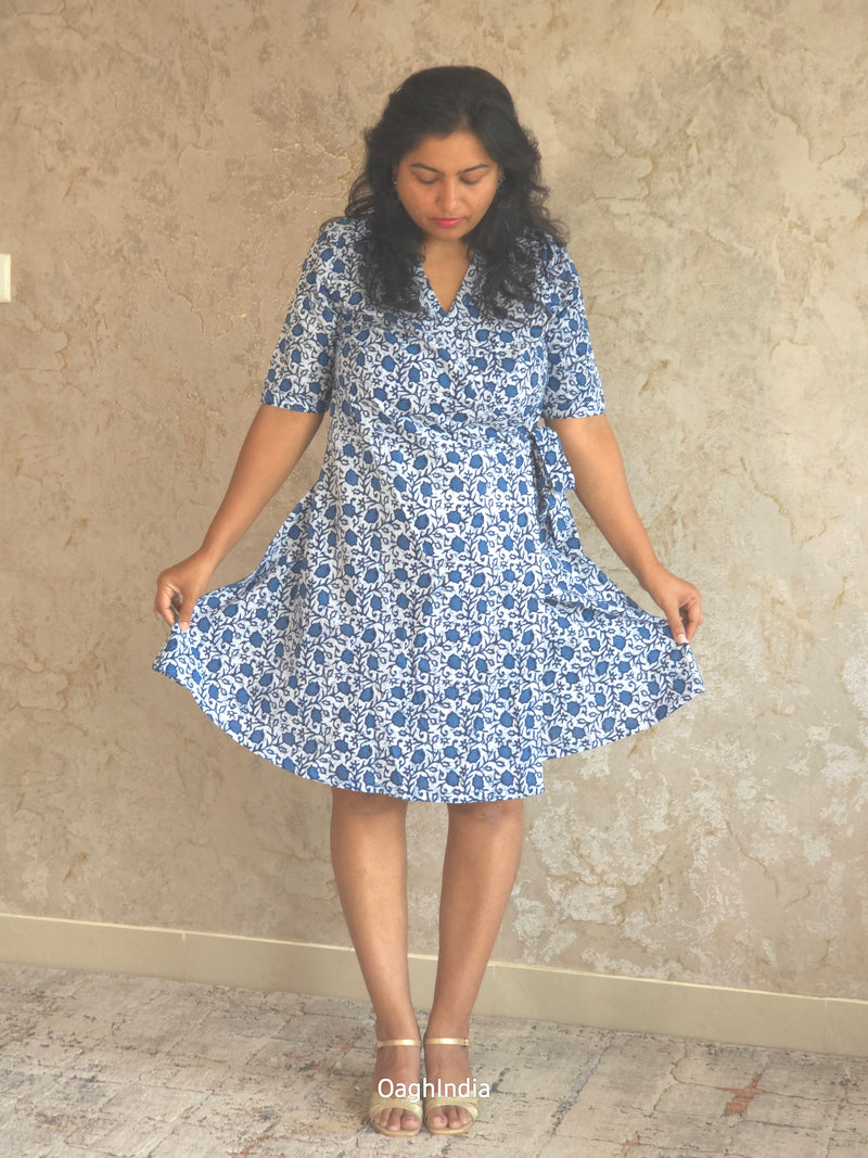 Indigo Blossom : Indigo/White Floral Wrap Dress