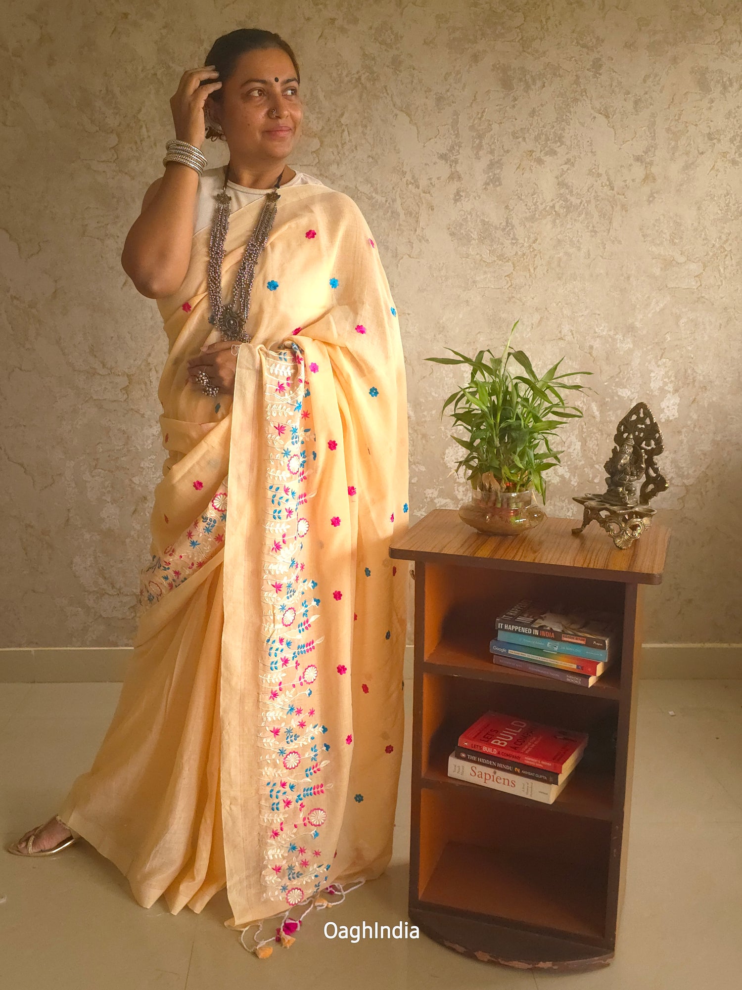 PhoolRani : Soft Khadi Cotton flower embroidery saree (Light Peach)