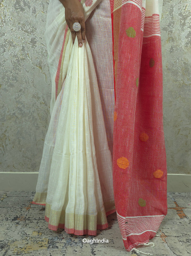 Candy : Beautiful handloom White Khadi saree with Red Pallu