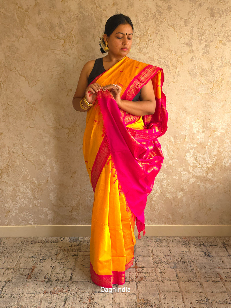 Utsav : Festive Cotton Silk Contrast Saree with Zari Border(Yellow, Pink)