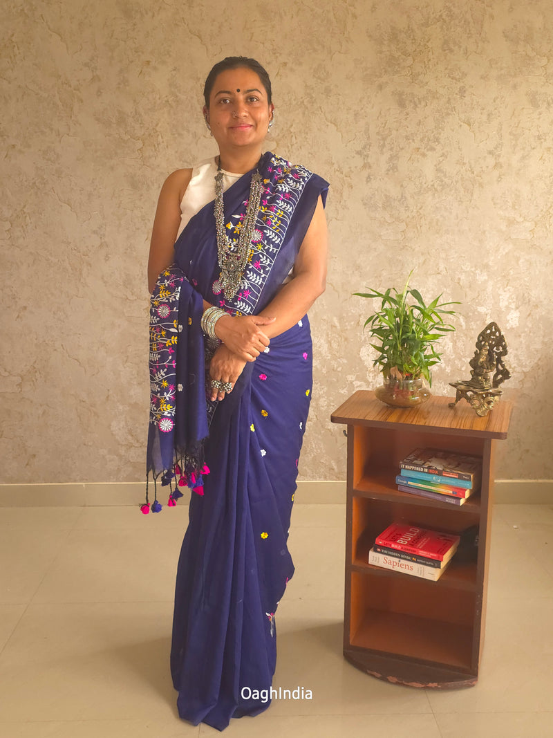 PhoolRani : Soft Khadi Cotton flower embroidery saree (Navy Blue)