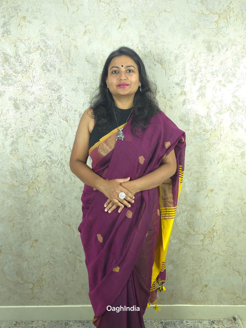 Candy : Beautiful handloom Maroon Khadi saree with Yellow Pallu