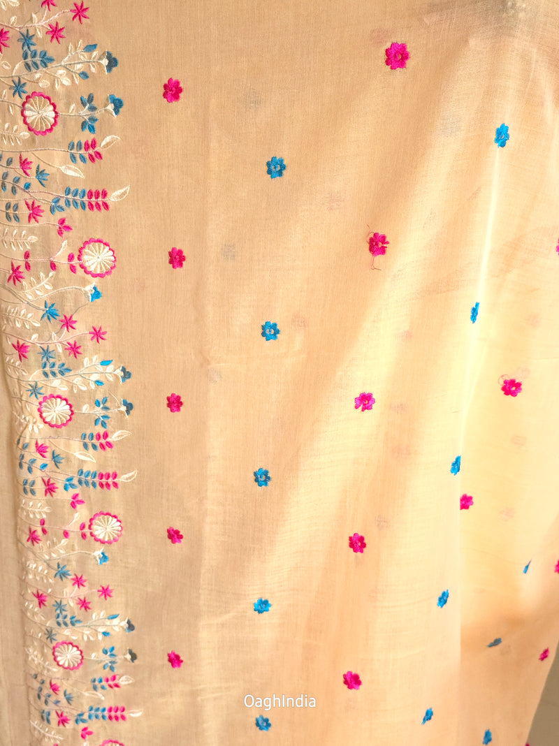 PhoolRani : Soft Khadi Cotton flower embroidery saree (Light Peach)