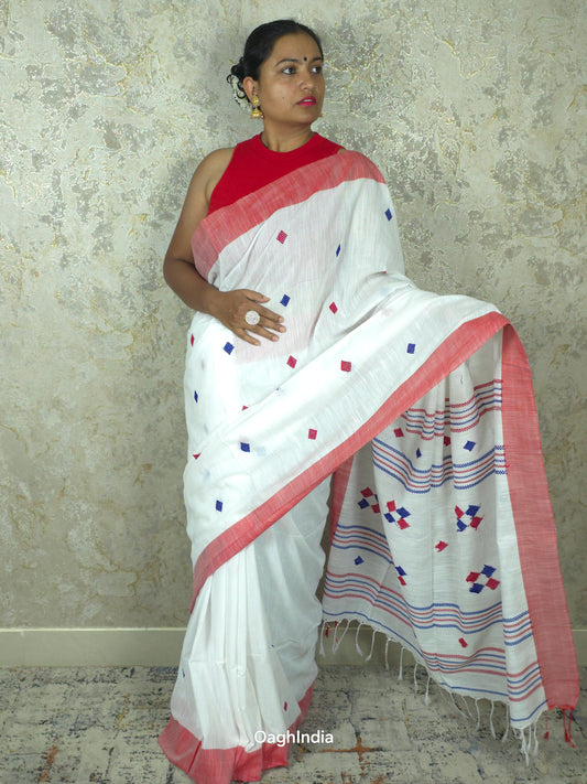 Red White Bhujori Handloom Saree