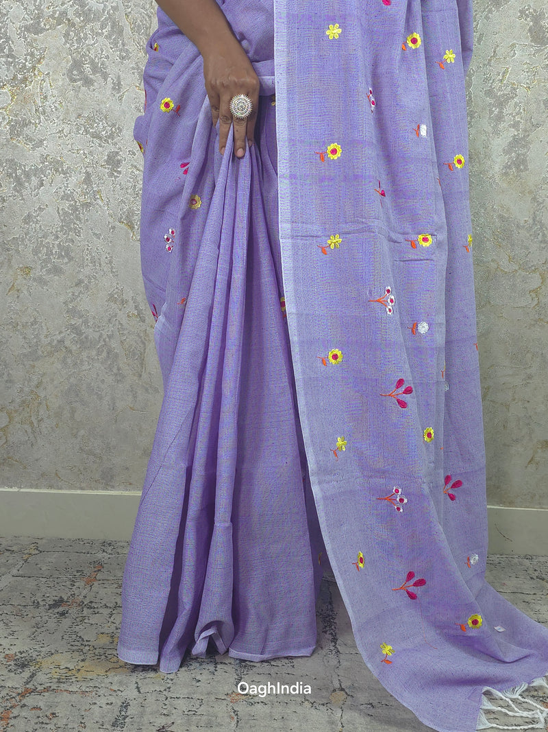 PhoolRani : Soft Khadi Cotton flower embroidery saree (Lavender)