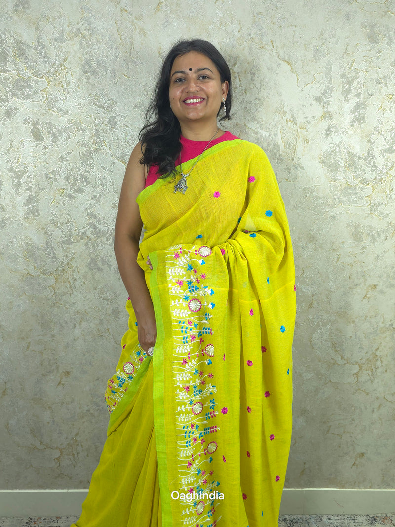 PhoolRani : Soft Khadi Cotton flower embroidery saree (Lime Yellow)