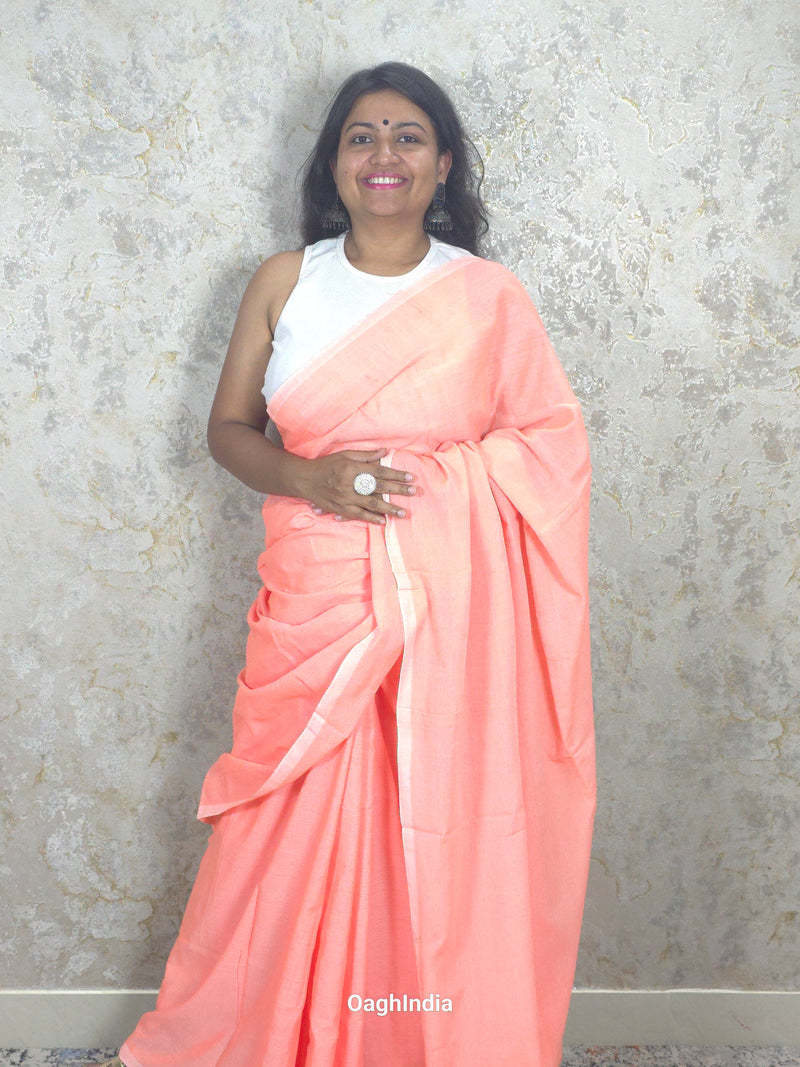 Sadagi: Coral Peach Pink Soft Khadi Saree