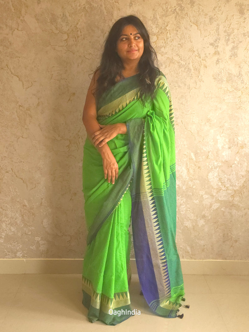 Popsicle : Beautiful Parrot Green khadi saree with temple border