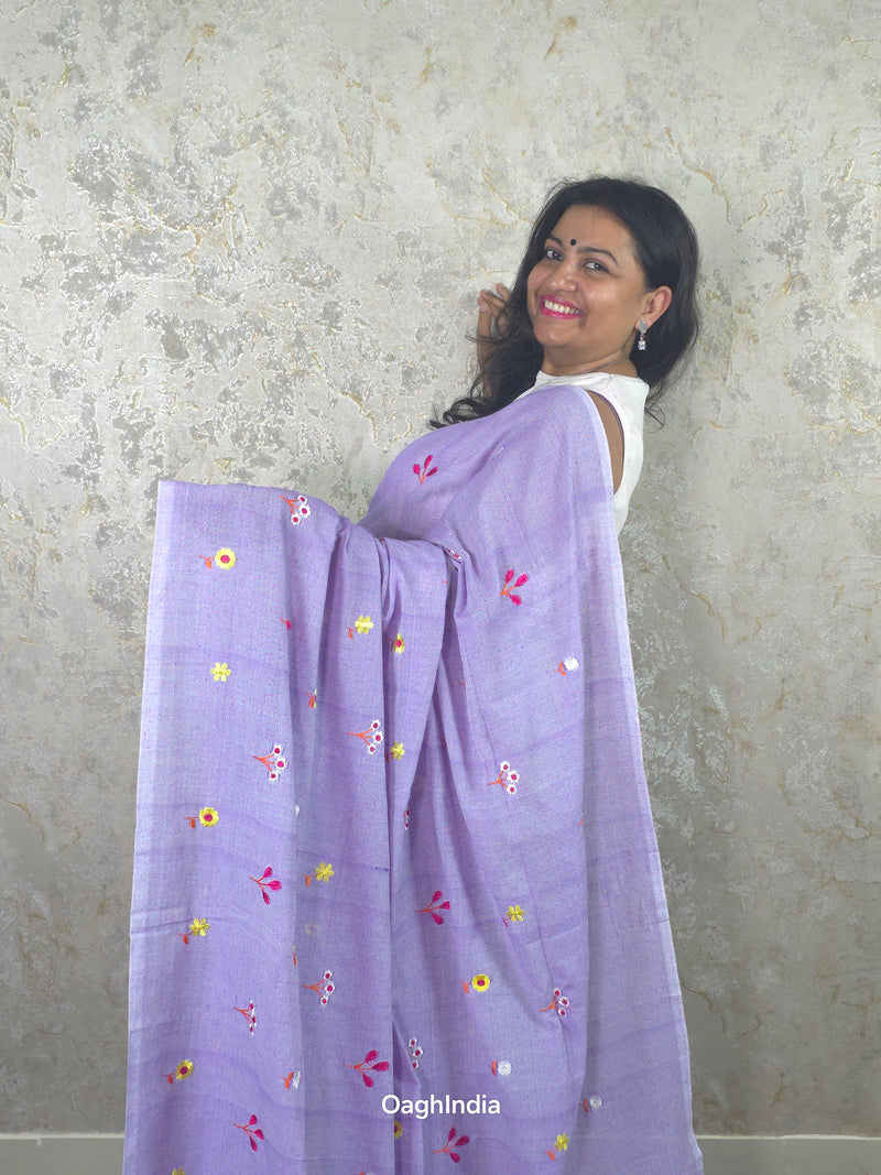 PhoolRani : Soft Khadi Cotton flower embroidery saree (Lavender)