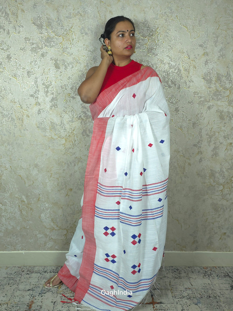 Red White Bhujori Handloom Saree