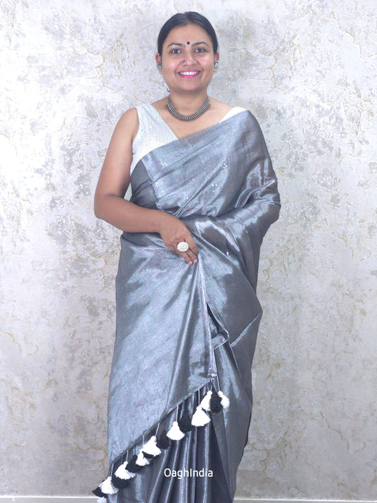 Antique Silver Handloom Tissue Saree (With Big Tassels)