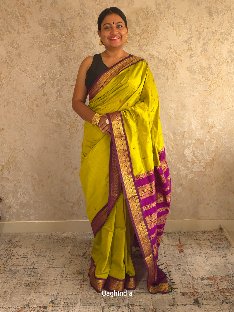 Utsav : Festive Cotton Silk Contrast Saree with Zari Border(Lime Green,Purple)