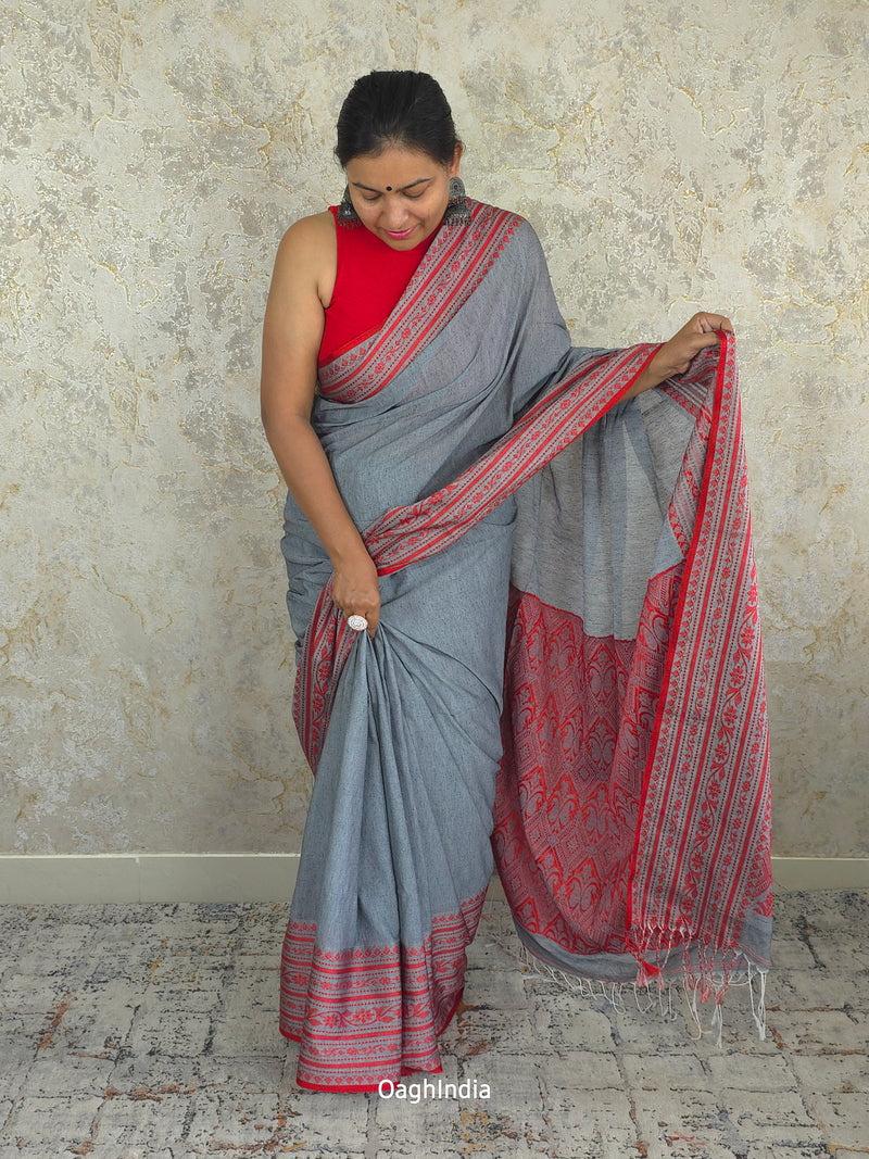 Lata : Phulia Cotton Jamdani Weaving Handloom (Gray)