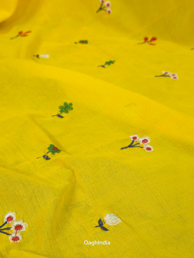 PhoolRani : Soft Khadi Cotton flower embroidery saree (Sunflower Yellow)