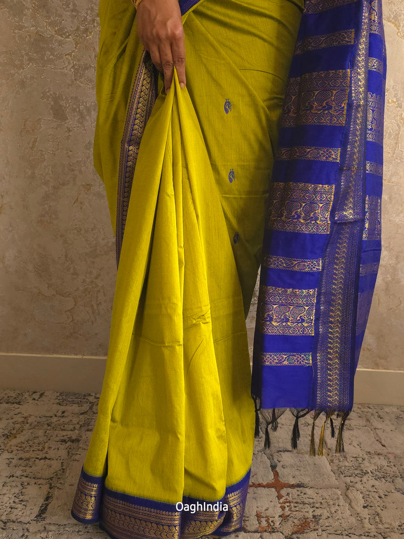 Utsav : Festive Cotton Silk Contrast Saree with Zari Border(Lime Green,Blue)