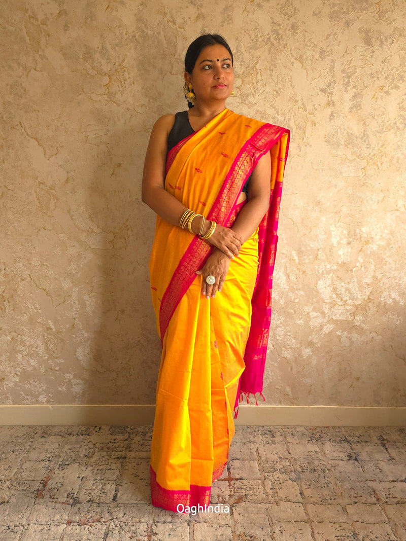 Utsav : Festive Cotton Silk Contrast Saree with Zari Border(Yellow, Pink)