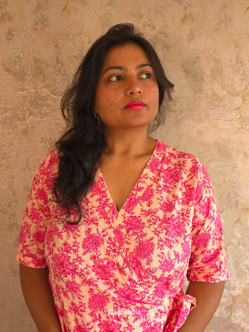 Saanvi Bloom : Floral Wrap Dress(Pink, White)