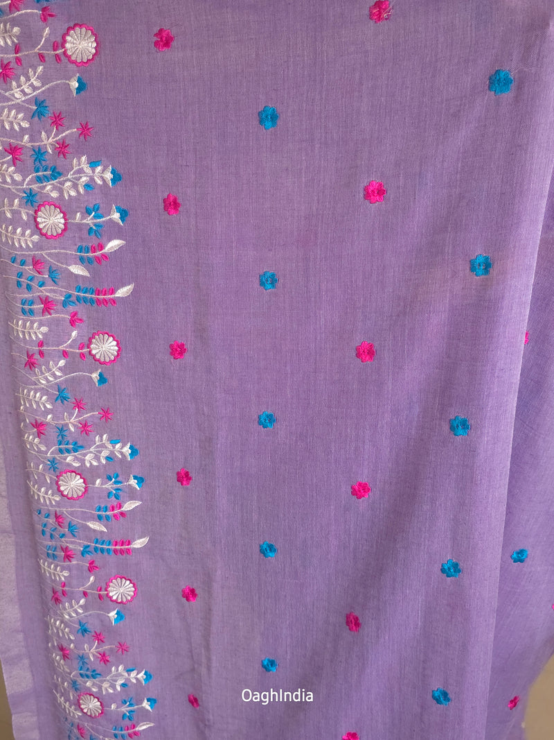 PhoolRani : Soft Khadi Cotton flower embroidery saree (Lavender)