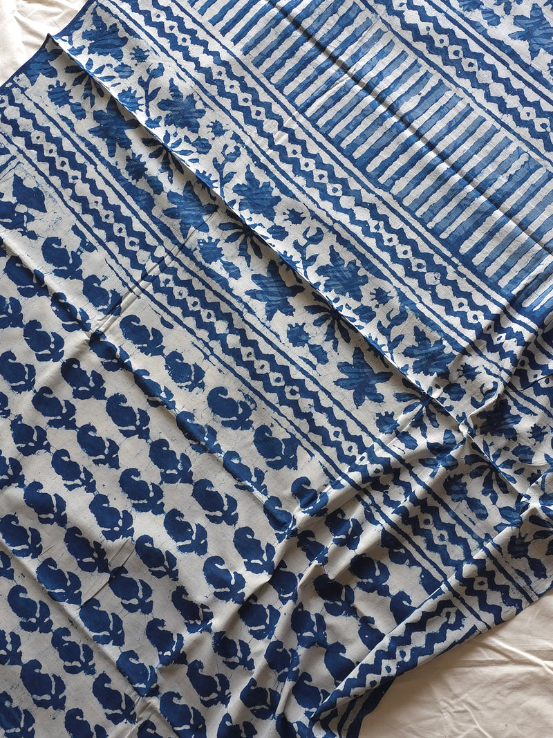 Bosslady - Leaf print White/Indigo Chanderi Cotton Saree