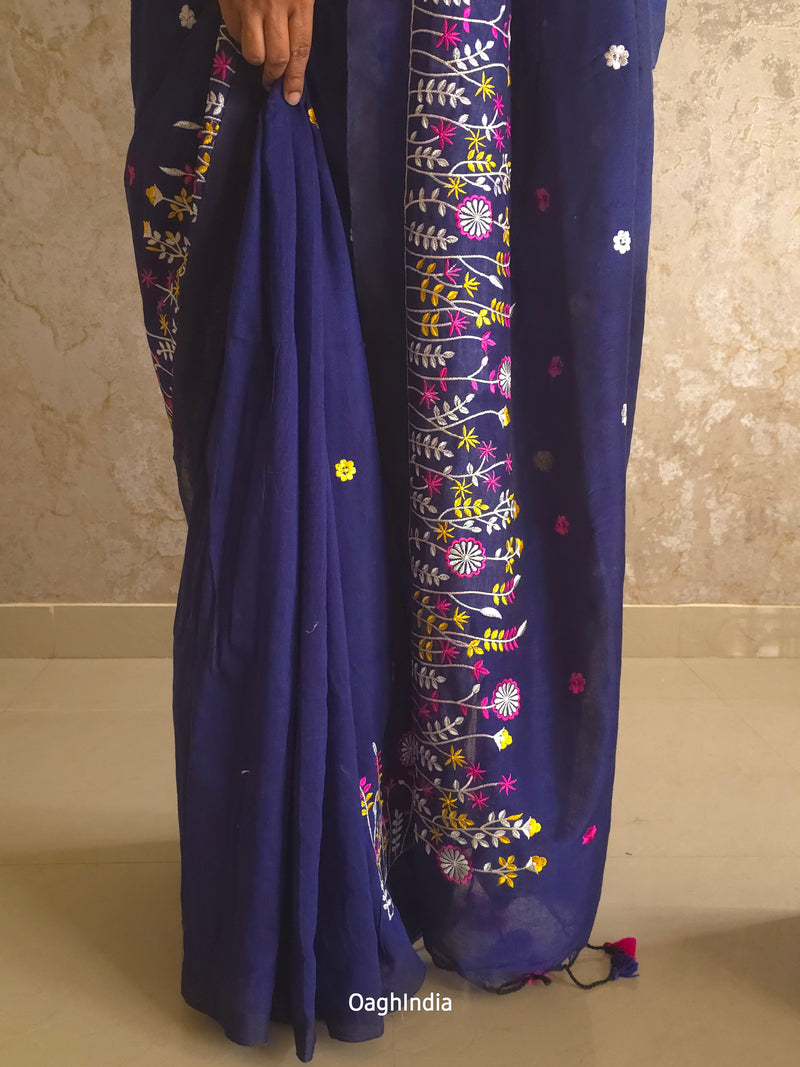 PhoolRani : Soft Khadi Cotton flower embroidery saree (Navy Blue)