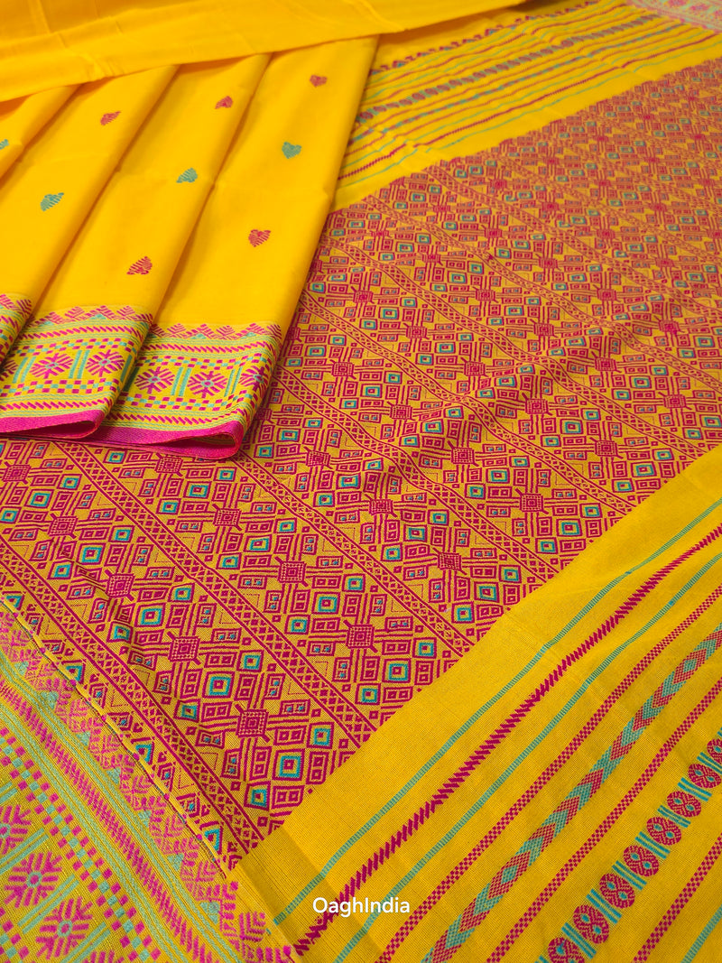 Lata : Phulia Cotton Mekhla Weaving Handloom  (Yellow, Pink)