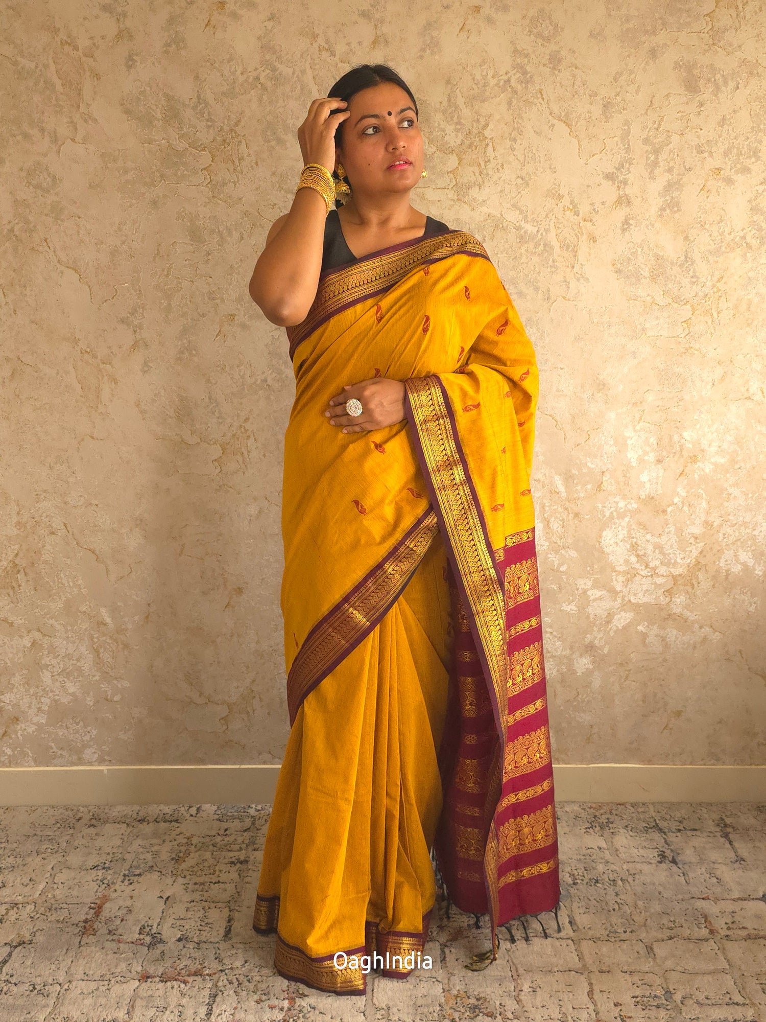 Utsav : Festive Cotton Silk Contrast Saree with Zari Border(Musturd, Brown)