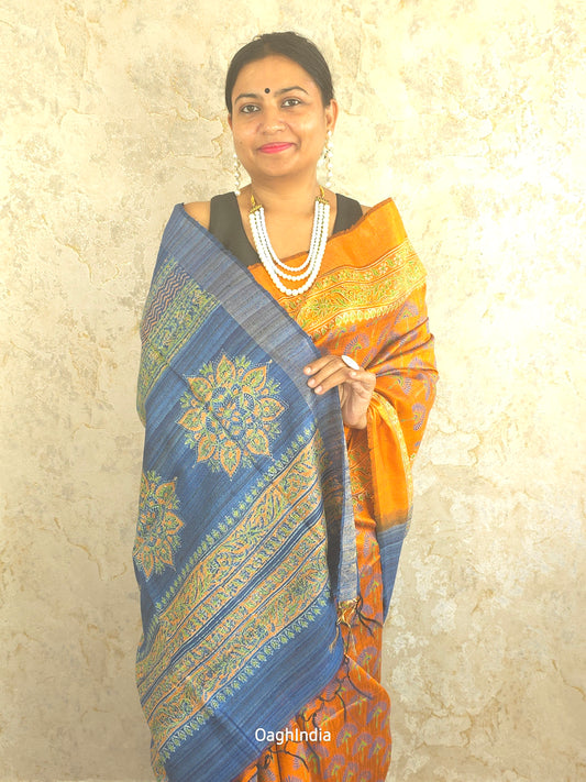 Pure Dupion Silk Handblock Printed Saree With Silkmark(Orange, Royal Blue)