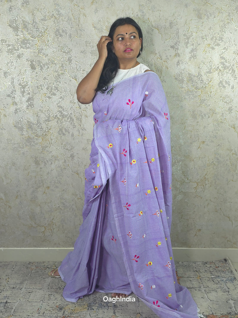 PhoolRani : Soft Khadi Cotton flower embroidery saree (Lavender)