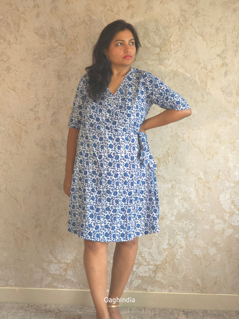 Indigo Blossom : Indigo/White Floral Wrap Dress