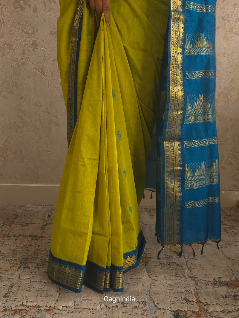 Utsav : Festive Cotton Silk Contrast Saree with Zari Border(Lime Green, Blue)