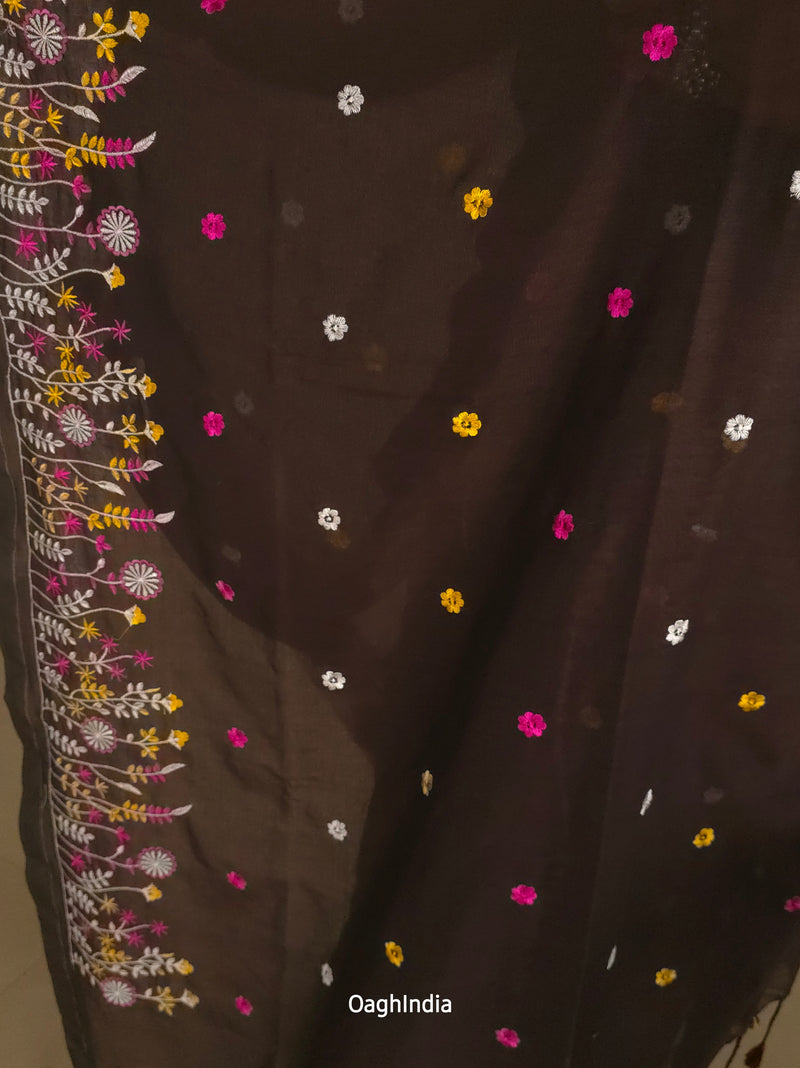 PhoolRani : Soft Khadi Cotton flower embroidery saree (Dark Chocolate Brown)