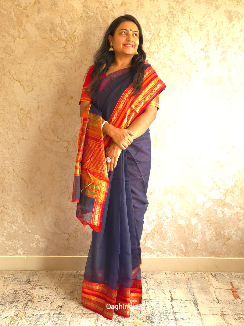 Tamhini: Pure kota doria cotton sarees with exquisite zari chit border ( Dark Blue )