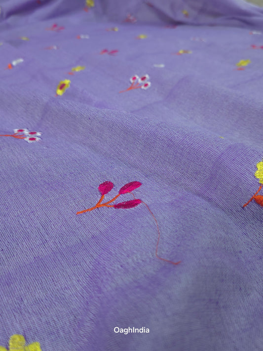 PhoolRani : Soft Khadi Cotton flower embroidery saree (Lavender)