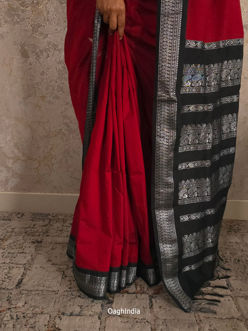 Utsav : Festive Cotton Silk Contrast Saree with Zari Border(Maroon,Black)