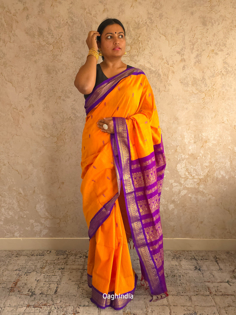 Utsav : Festive Cotton Silk Contrast Saree with Zari Border(Orange,Purple)