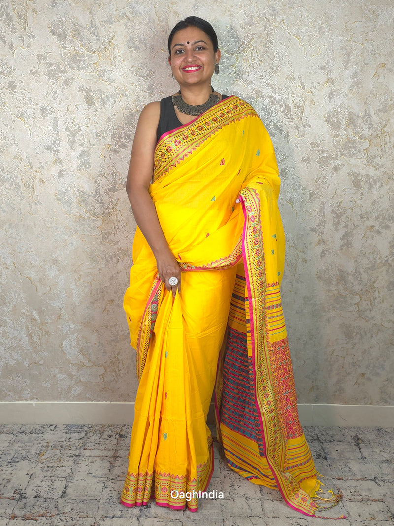 Lata : Phulia Cotton Mekhla Weaving Handloom  (Yellow, Pink)