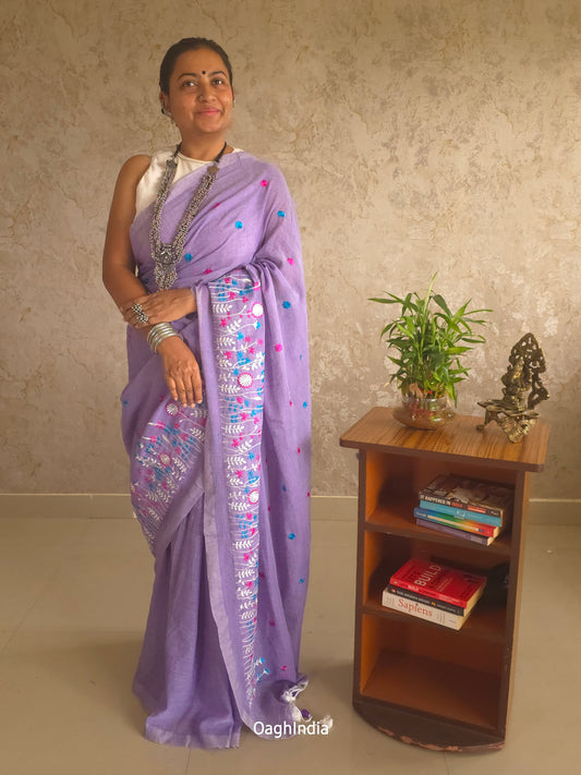 PhoolRani : Soft Khadi Cotton flower embroidery saree (Lavender)